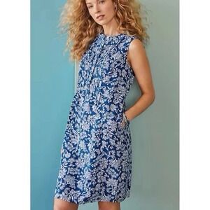 J Jill Blue Floral Linen Sleeveless Pintuck Dress Size LARGE Pockets